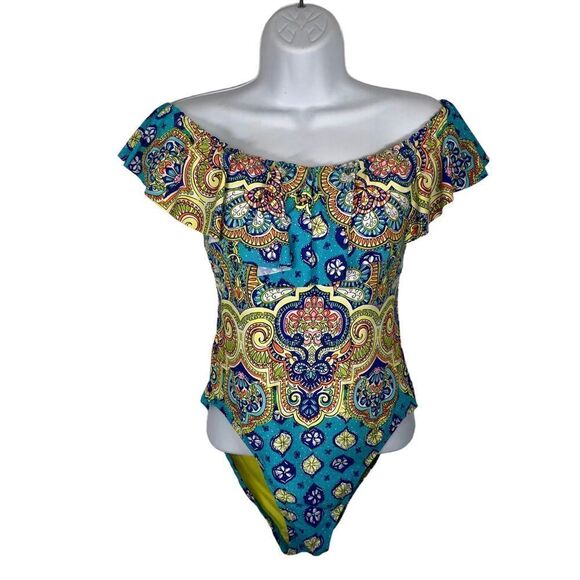 TRINA TURK Ruffle Bandeau One Piece Swimsuit Floral Print Size 8 - Picture 2 of 12